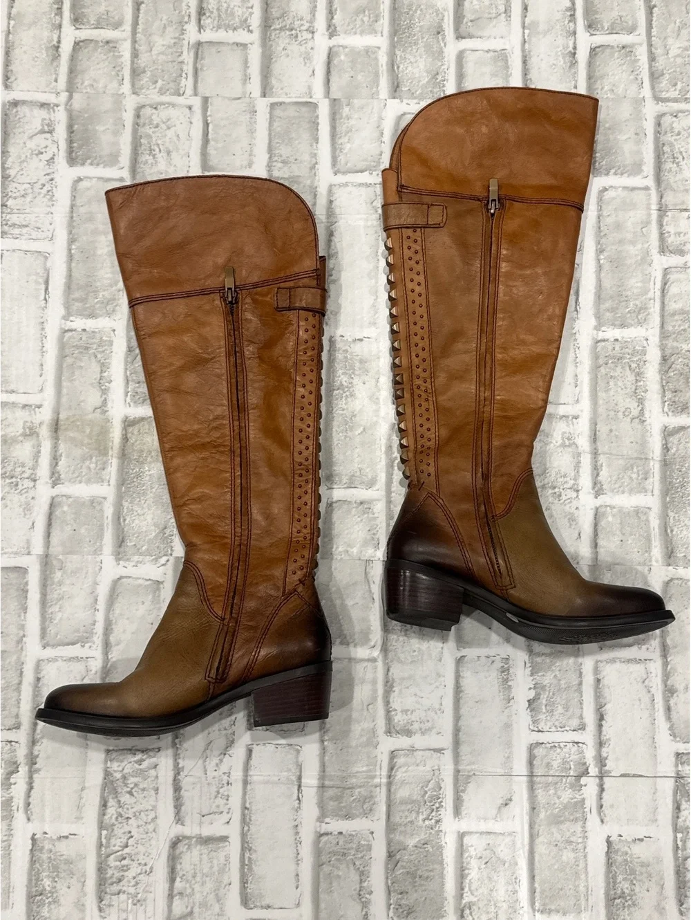Vince Camuto Two Tone Brown Leather Knee-High Boots with Studded Back Detail